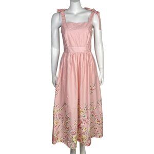 Joie Pink Floral Midi Dress Size L Tie Accents Smocked Back Stretch Soft Girl